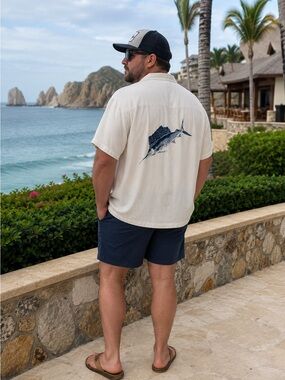 Bugle Boy Classics XXL Silk Rayon Sailfish Fishing Camp Shirt Coastal 90s
